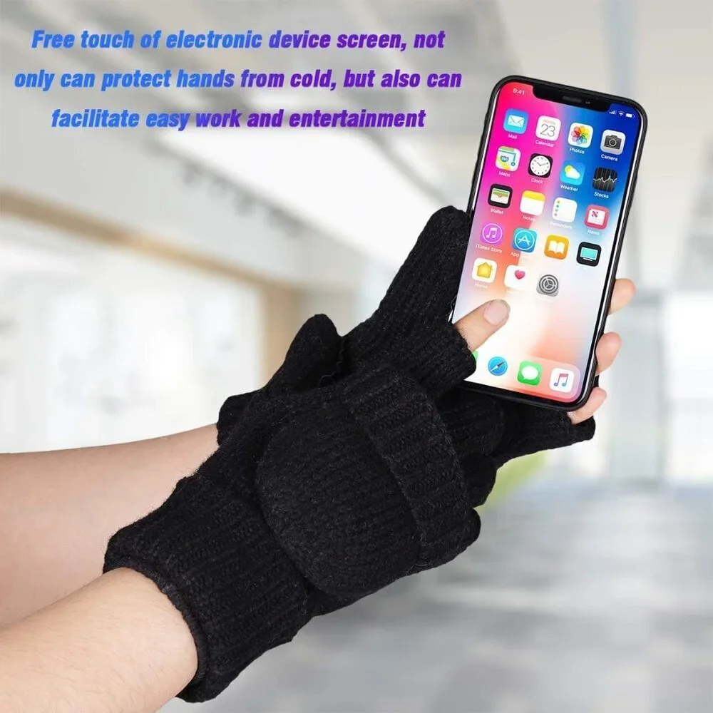 Women's Black Winter Warm Thermal Insulation Fingerless Texting Wool Gloves